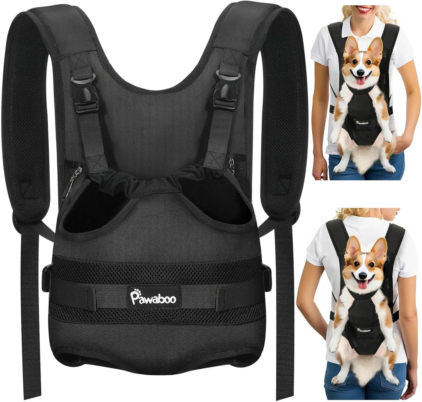 Pawaboo Pet Carrier Backpack, Adjustable Pet Front Cat Dog Carrier Backpack Travel Bag, Legs Out, Easy-Fit for Traveling Hiking Camping for Small Medium Dogs Cats Puppies, Medium, Black
