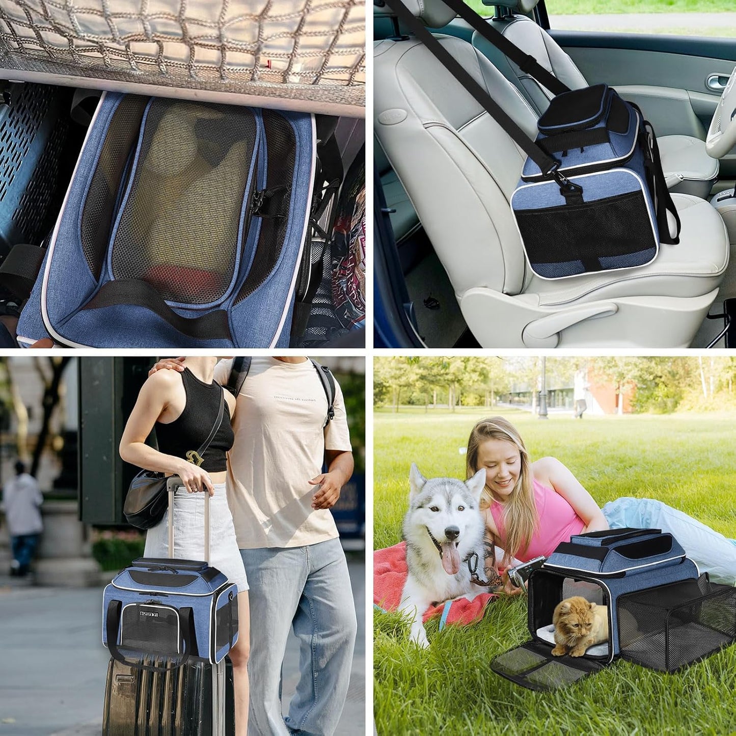 Petskd Top and Side Expandable Pet Carrier 17x12x8.5 Inches JetBlue Frontier Spirit Airline Approved, Soft-Sided Carrier for Small Cats and Dogs with Locking Safety Zipper and Anti-Scratch Mesh(Black)