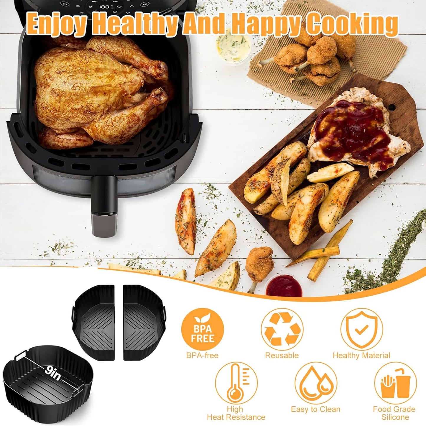 Silicone Air Fryer Liner, 3 PCS 9 Inch Square Air Fryer Basket Liners,Silicone Tray, Air Fryer Inserts for 6 to 9 QT, Reusable Air Fryer Accessories for Cosori Philips Ninja Oven Microwave