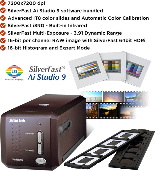 Plustek OpticFilm 8300i Ai Film Scanner - Converts 35mm Film & Slide into Digital, Bundle SilverFast Ai Studio 9 + QuickScan Plus, Include Advanced IT8 Calibration Target (3 Slide) - PuriLite