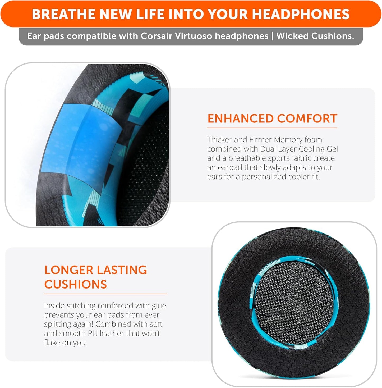 WC Freeze Virtuoso - Hybrid Fabric Cooling Gel Replacement Earpads for Corsair Virtuoso Gaming Headset, Made by Wicked Cushions, Improved Durability, Thickness and Sound Isolation |90s Black