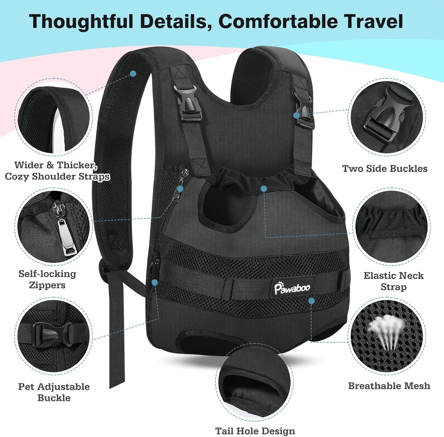 Pawaboo Pet Carrier Backpack, Adjustable Pet Front Cat Dog Carrier Backpack Travel Bag, Legs Out, Easy-Fit for Traveling Hiking Camping for Small Medium Dogs Cats Puppies, Medium, Black