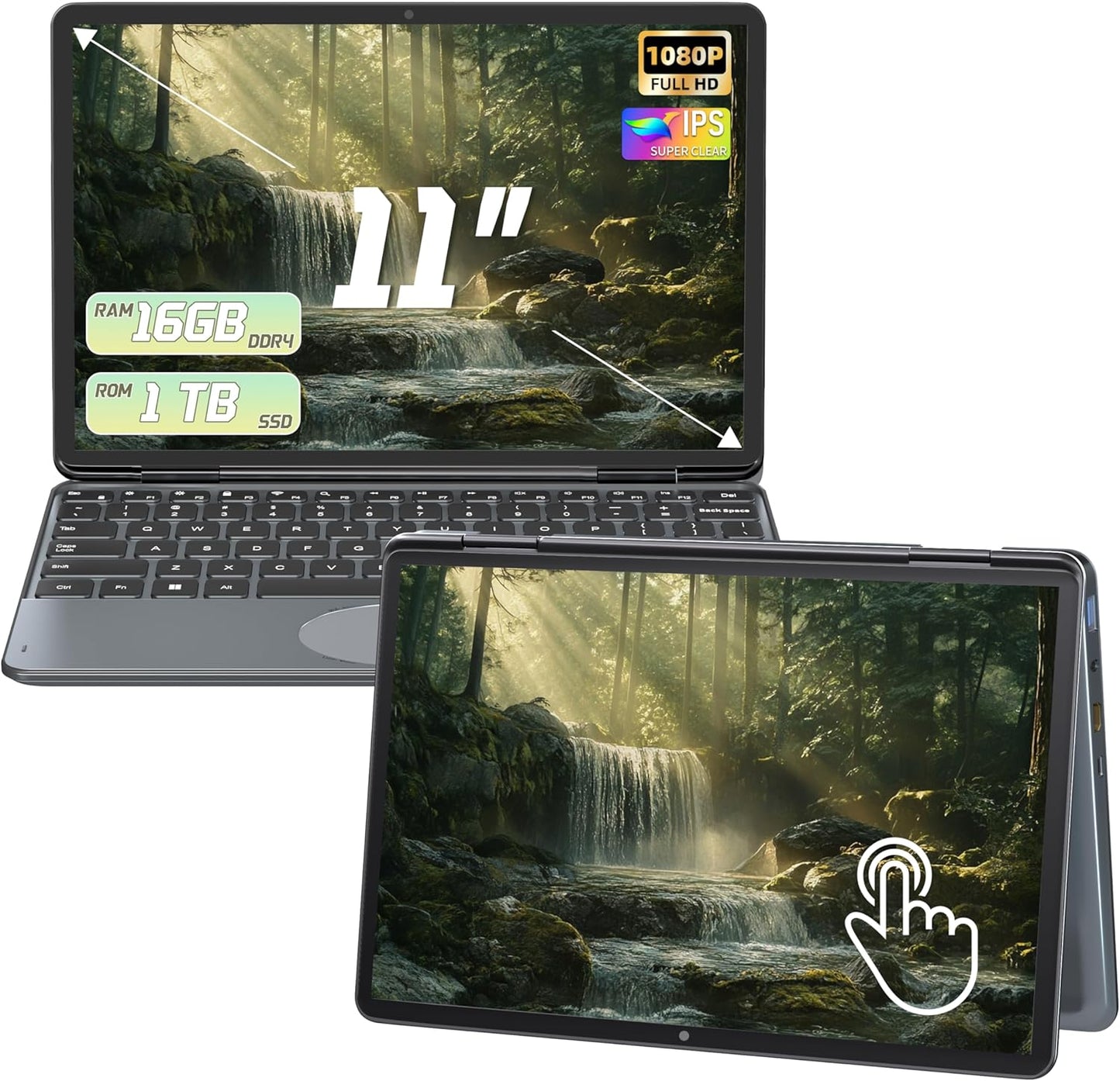 2025 New 2 in 1 Touchscreen Laptop, 11" FHD 1920x1200 IPS Display, Intel 12th Gen N100, 16GB DDR4 RAM, M.2 SSD, 360° Flip, Ultra-Portable Notebook for Students & Professionals (16GB RAM | 256GB SSD)