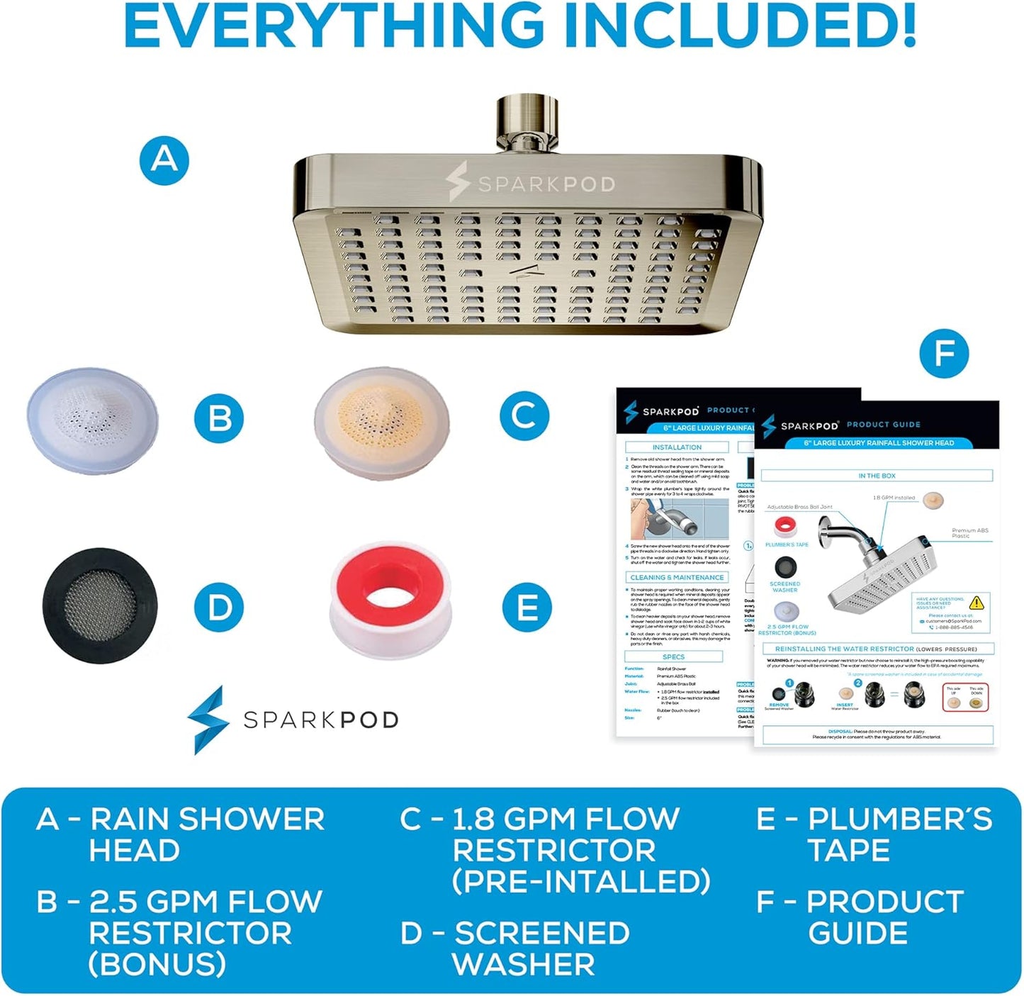 SparkPod Shower Head - High Pressure Rain - Premium Quality Luxury Design - 1-Min Install - Easy Clean Adjustable Replacement for Your Bathroom Shower Heads (Luxury Polished Chrome, 6 Inch Round)