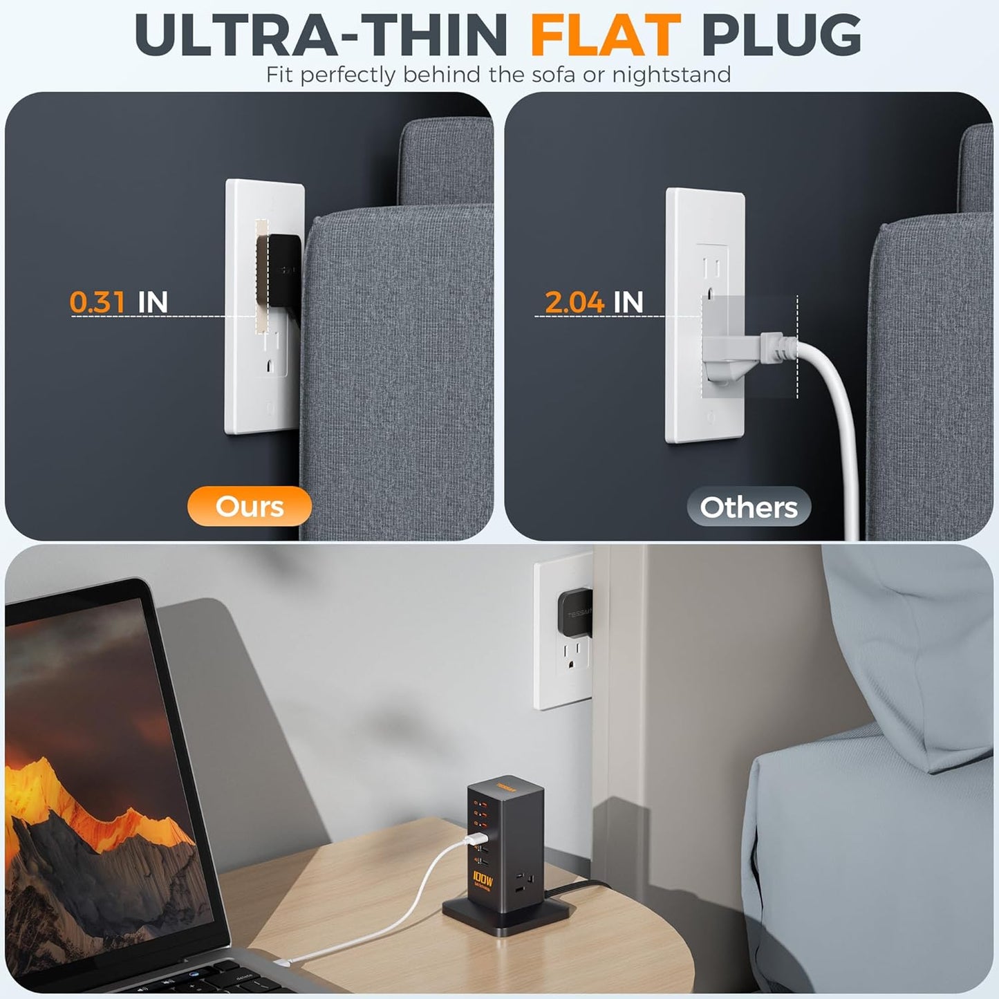 Charging Station, TESSAN 65W Max GaN USB C Charger Block, 6-Ports and 3 AC Outlets Power Tower, Fast Charging for Multiple Devices, Compatible with iPhone, Samsung and More