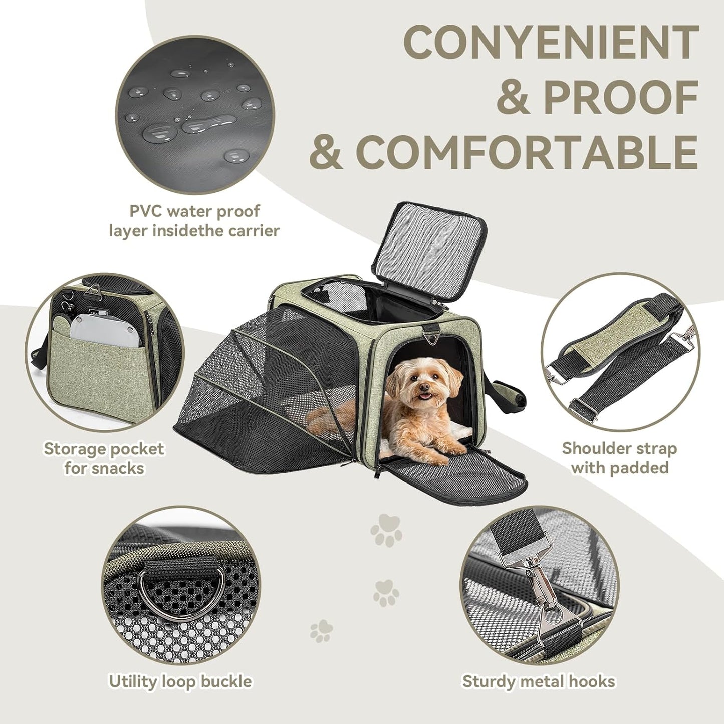 Petsfit Expandable Cat Dog Carrier Airline Approved, 17" L x 11" W x 11" H Soft-Sided Portable Pet Travel Carrier for Kitten, Puppy, Removable Soft Plush Mat and Pockets, Auto-Locking Zippers