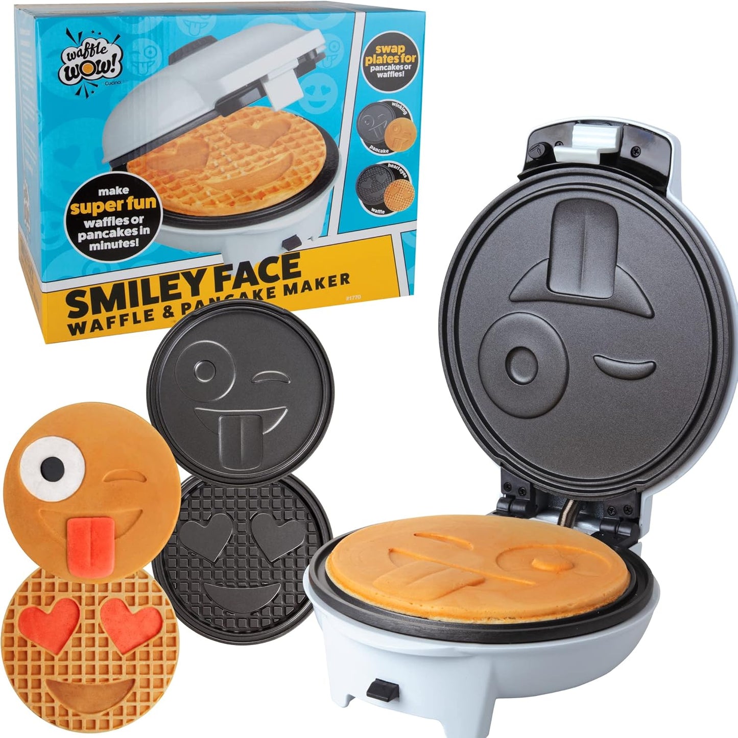 Smiley Face Waffler & Pancake Maker w 2 Interchangeable, Removable 8" Plates- Adjustable Temperature Control, Non-stick Electric Griddle Iron- Easy Clean, Make Kid's Breakfast Fun- Great Holiday Gift