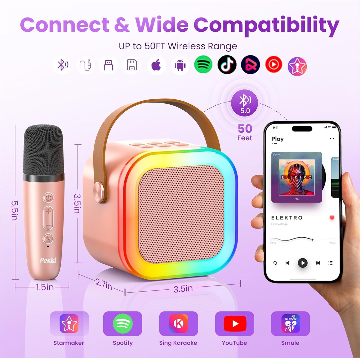 Karaoke Machine for Kids Adults, Portable Bluetooth Mini Karaoke Microphone Singing Speaker Karaoke Player with 2 Wireless Mic Toys for All Smartphones,Birthday, Family,Home Party (Purple)