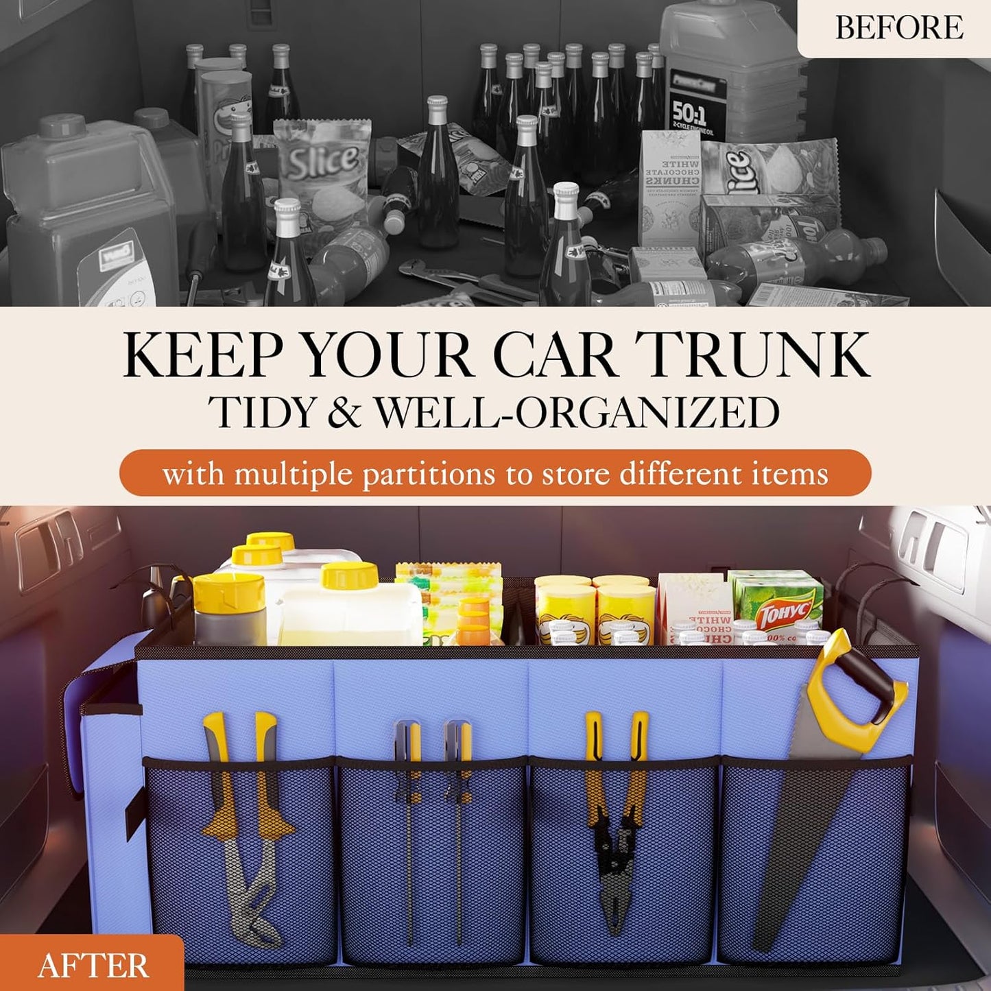 HOTOR Trunk Organizer - Car Organizer, Foldable Trunk organizer for SUVs & Sedans, Car Accessories, Tools, Sundries, 2 Compartments, Black