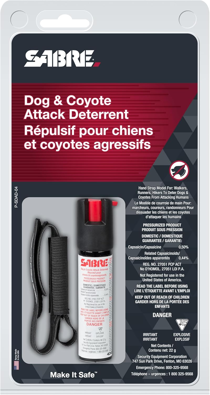 SABRE Protector 22-Gram Dog Spray with Adjustable Running Hand Strap, 14 Second Total Spray Time, 3.5-Meter Range, Humane Dog Attack Deterrent, Maximum Strength Allowed by Health Canada