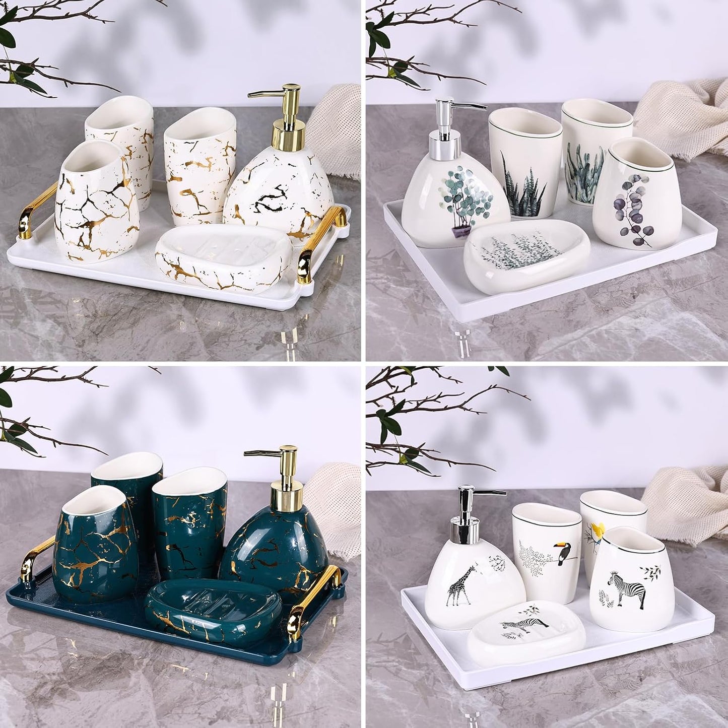 White Bathroom Accessories Set,Modern Countertop Bathroom Decor,Luxury 6 Piece Bathroom Accessory Set,Complete with Soap Dispenser,Toothbrush Holder,Tumbler,Tray
