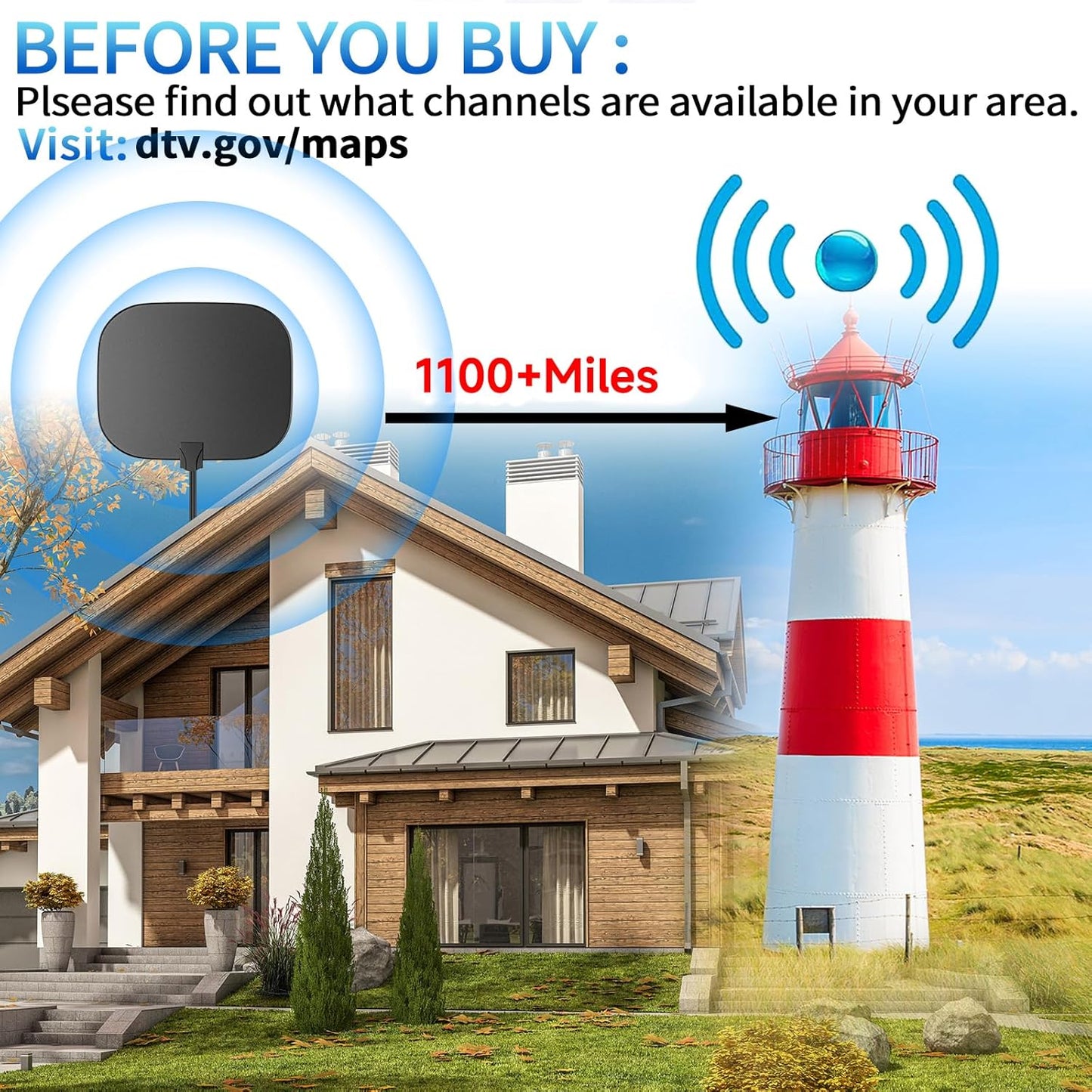 TV Antennas for Free Channels 1500+ Mile Long Range - 2025 Upgraded Indoor & Outdoor HD Digital Antenna with 360°Amplifier Signal Booster for 4K HDTV & Old TV-16FT Coax Cable