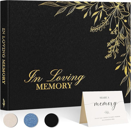 Lanpn Funeral Guest Book for Memorial Service, Linen in Loving Memory Registry Guest Book, Funeral Favors Sign in Books for Guests Celebration of Life Memory Book for Funeral with Table Sign, Black