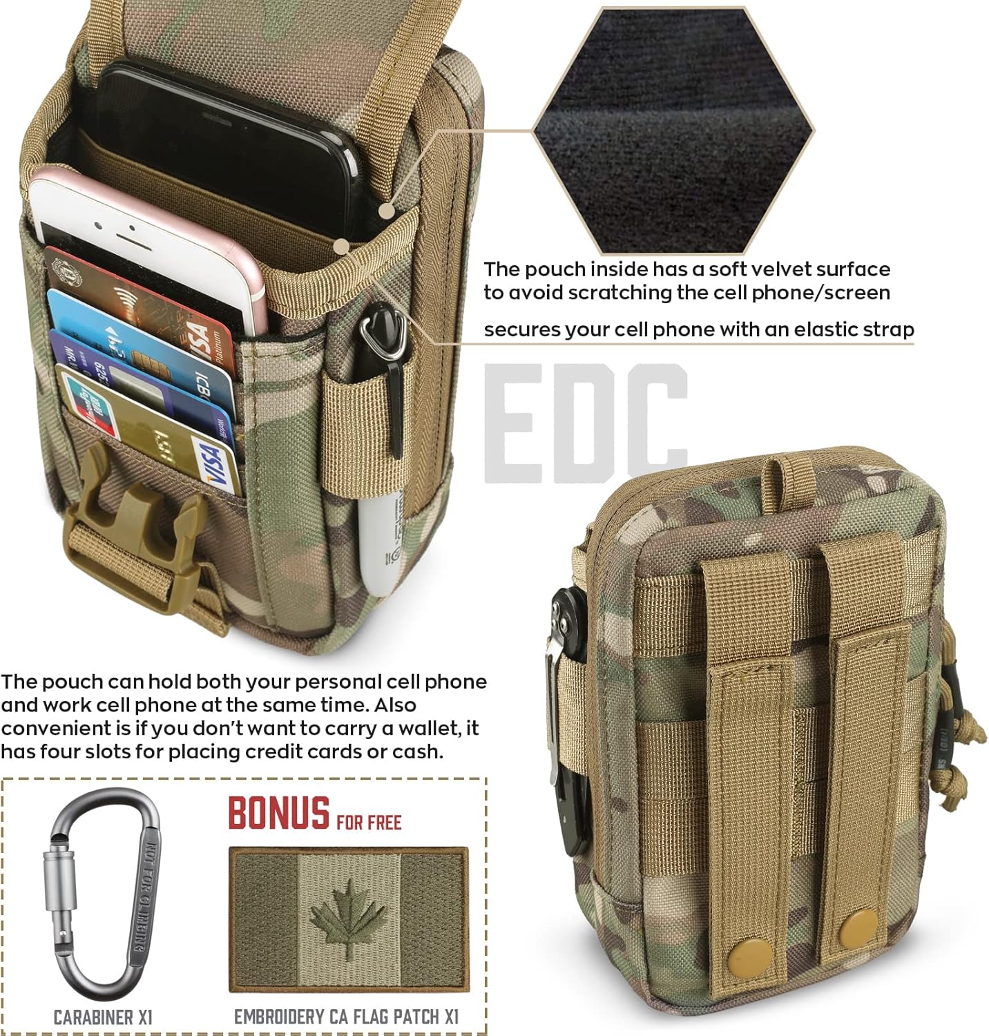 WYNEX Tactical Compass Phone Pouch, Large Molle Smartphone Holster Case Double Capacity Small Utility EDC Pouch with Compass Buckle and Carabiner