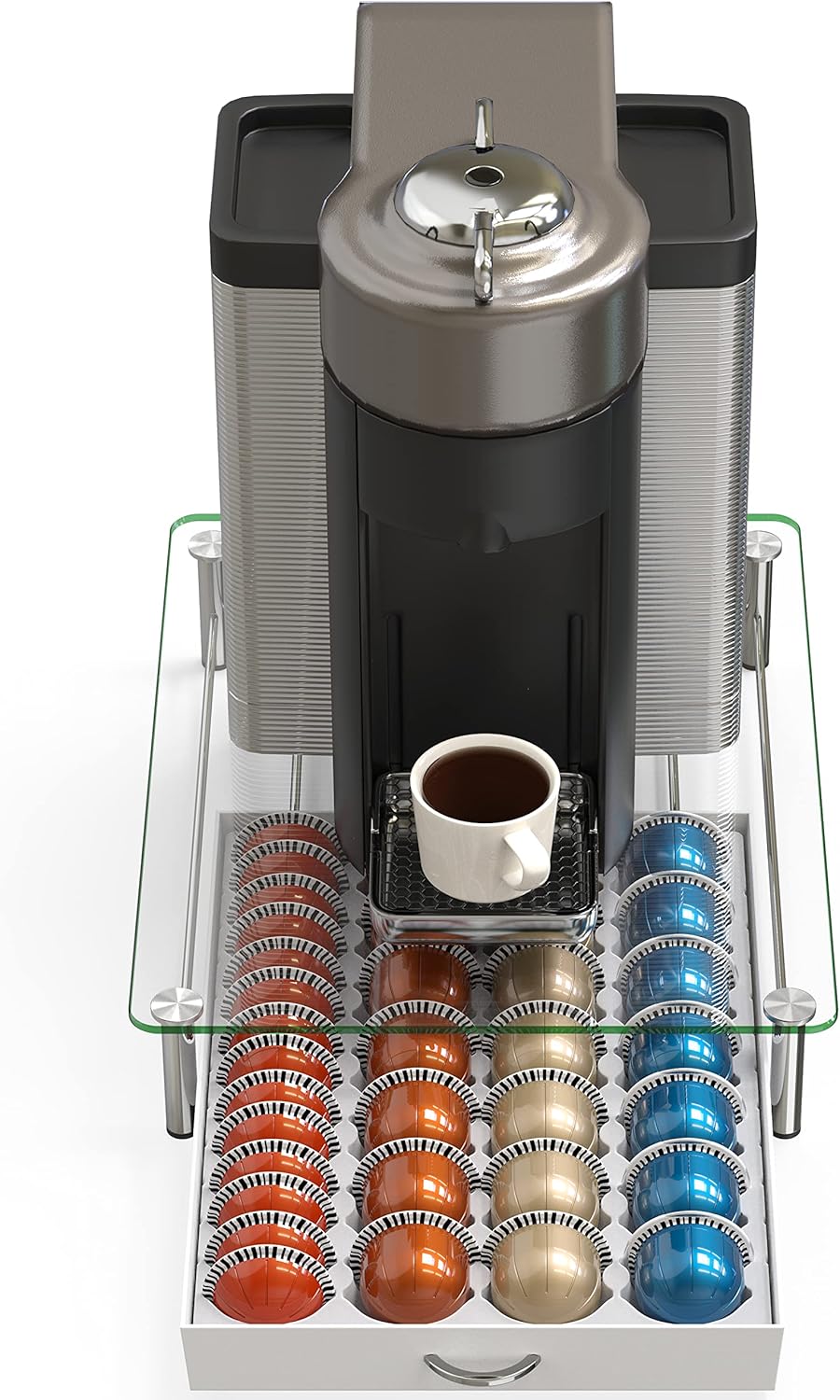 DecoBrothers Vertuo Pod Holder VertuoLine Drawer Storage for Nespresso Coffee Capsules, Crystal Tempered Glass, White