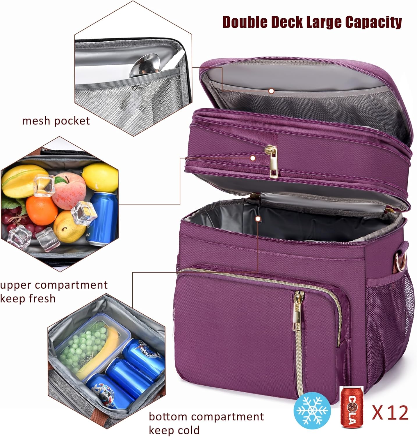 Lunch Bag for Women Men Double Deck Lunch Box - Leakproof Insulated Soft Large Lunch Cooler Bag, MIYCOO (Black,15L)