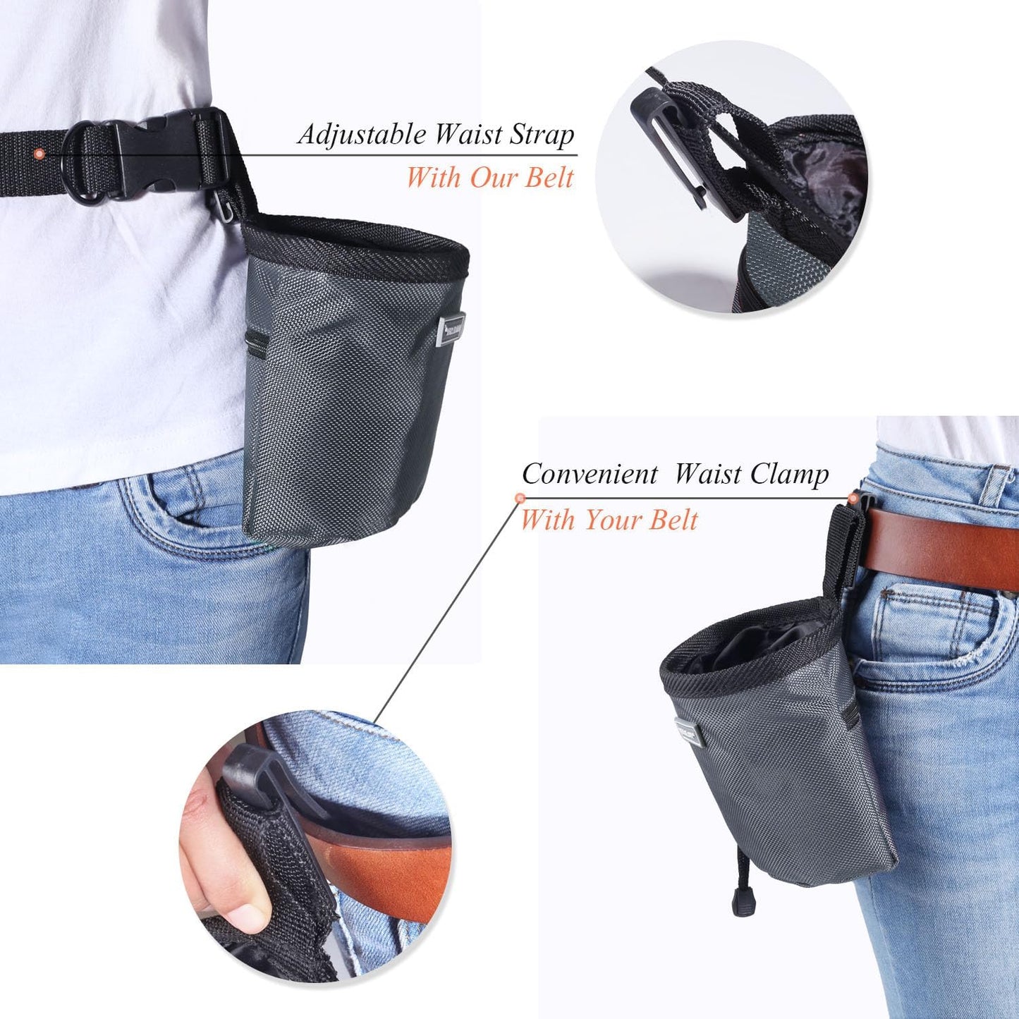 VIVAGLORY Dog Treat Bags, Puppy Pet Dog Training Treats Pouch Hands-Free 2 Ways to Wear with Adjustable Waistband and Built-in Dog Waste Bag Dispenser, Grey