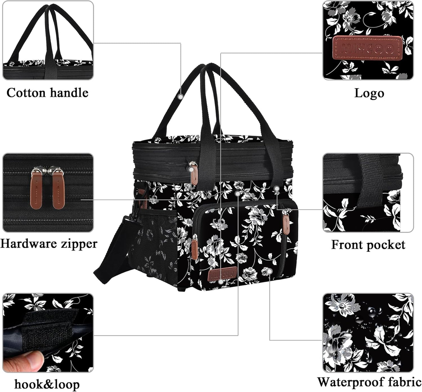 Lunch Bag for Women Men Double Deck Lunch Box - Leakproof Insulated Soft Large Lunch Cooler Bag, MIYCOO (Black,15L)