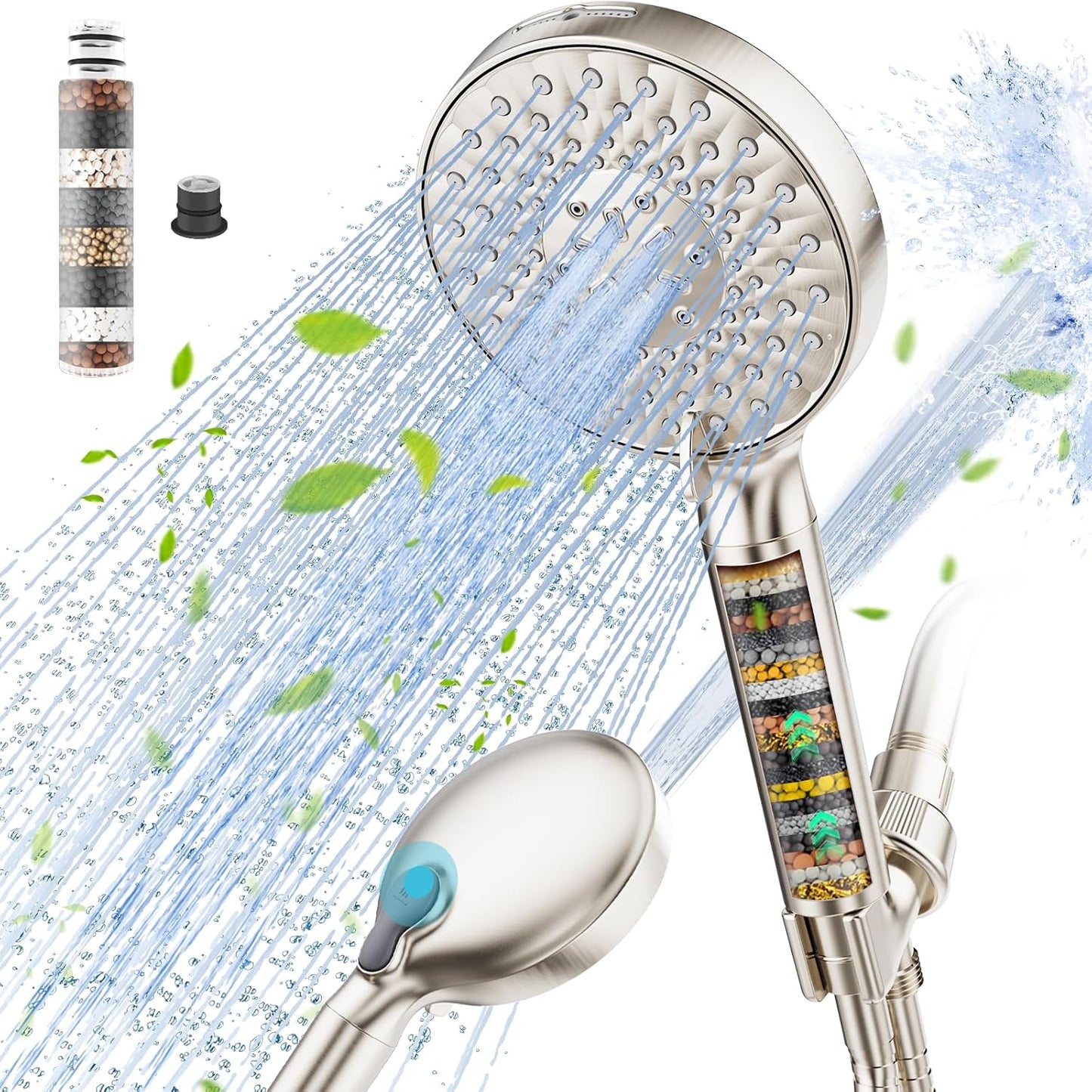 Filtered Shower Head with Handheld, High Pressure 9 Spray Mode Chrome Showerhead with Filters,Detachable Shower Head,Water Softener Filters Beads for Hard Water -Remove Chlorine