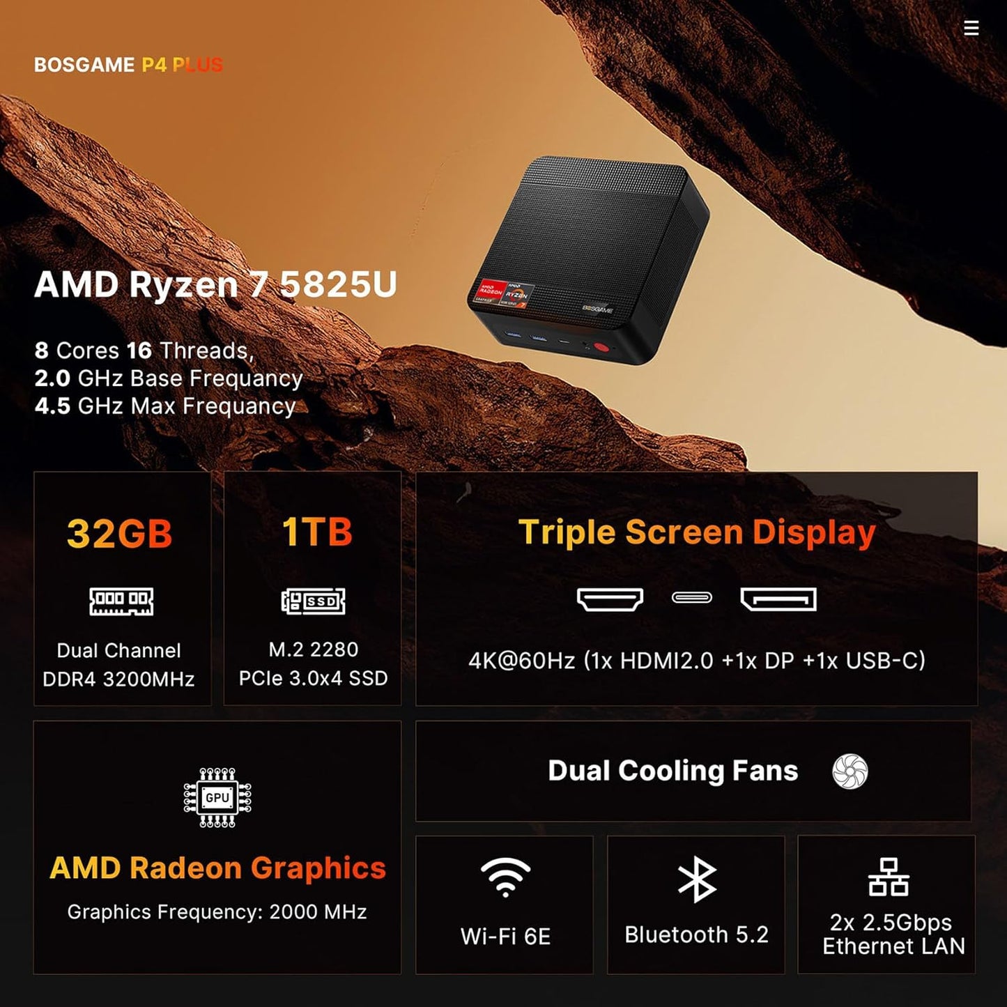 BOSGAME Mini PC AMD Ryzen 7 5825U, 16GB DDR4 RAM 512GB PCIe SSD, Mini Desktop Computer Support Dual LAN 2.5GbE, Triple 4K Display, WiFi 6E, BT 5.2 for Office