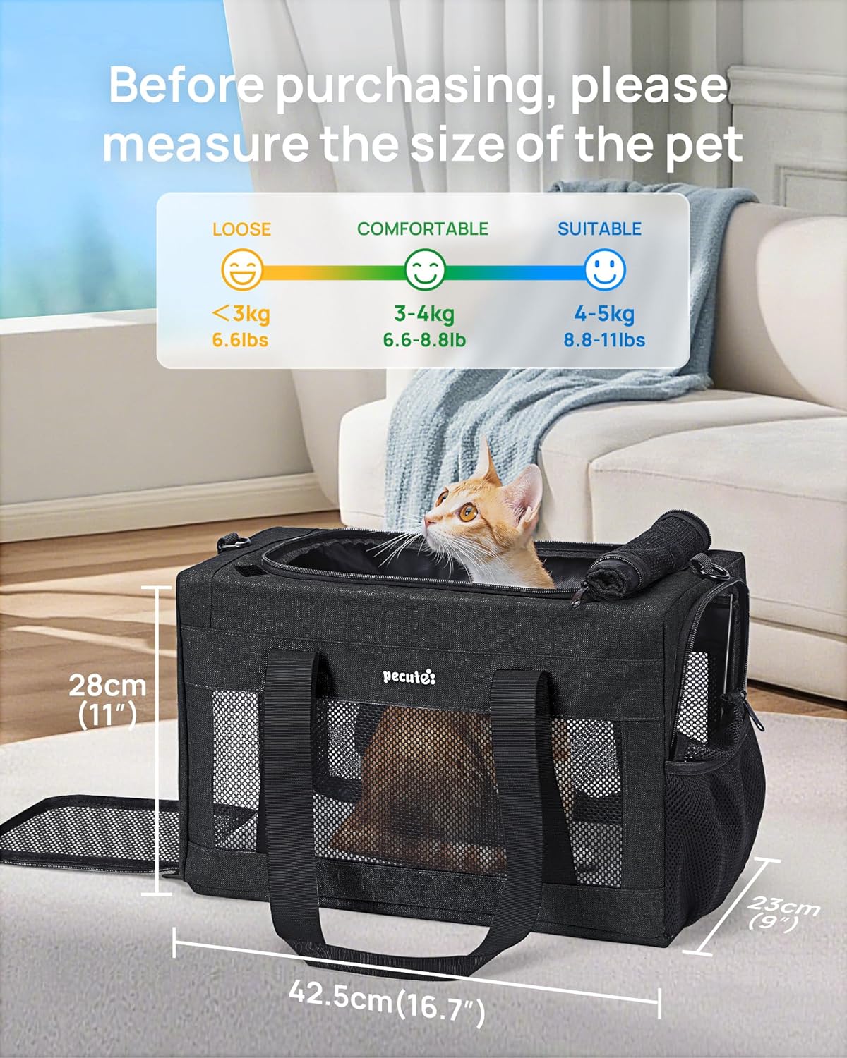 Pecute Cat Carrier Airline Approved, Thickened 5mm Steel Wire Frame, Stable Dog Carrier for Small Dogs, Breathable Foldable Pet Carrier with Sunshade, Suitable for Pets up to 5kg/11lbs (Dark Gray)