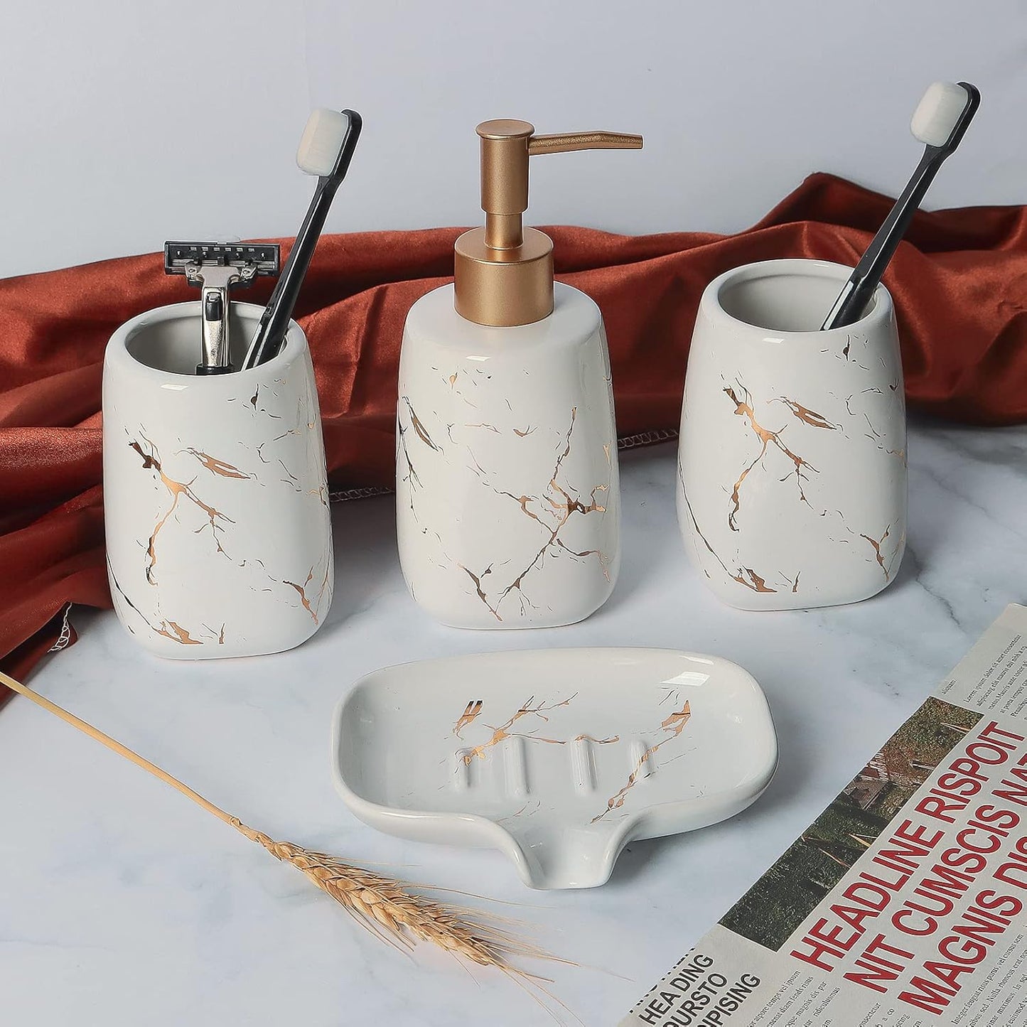 Qulable White Bathroom Accessories Set Complete, 4 Pcs Ceramic Bathroom Decorations Accessories Sets Includes Lotion Dispenser, 2 Tumblers and Soap Dish for Bath Decor, Countertop Vanity Organize