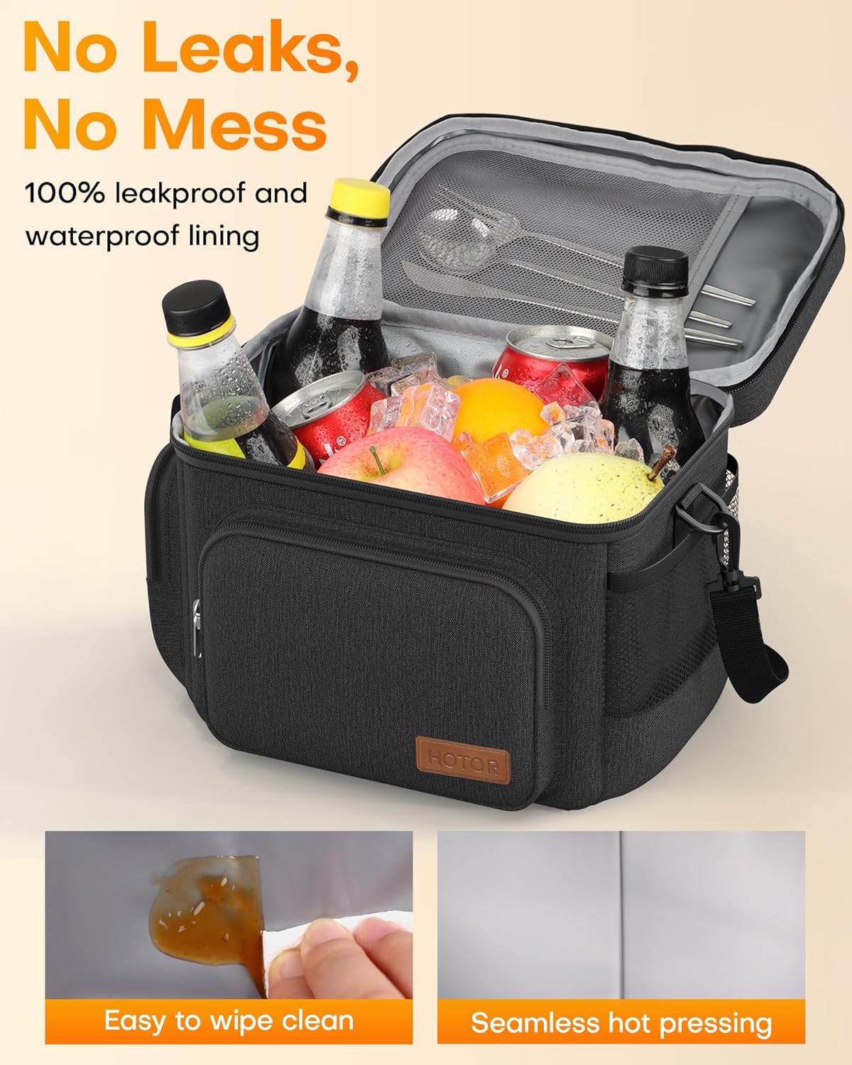 HOTOR Lunch Box for Men and Women - Leak-Proof Insulated Lunch Bag with Adjustable Shoulder Strap, Cooler Lunch Bag for Office, Picnic, Hiking, Beach, 1 Layer, Black, 11.0" x 7.1" x 8.3"