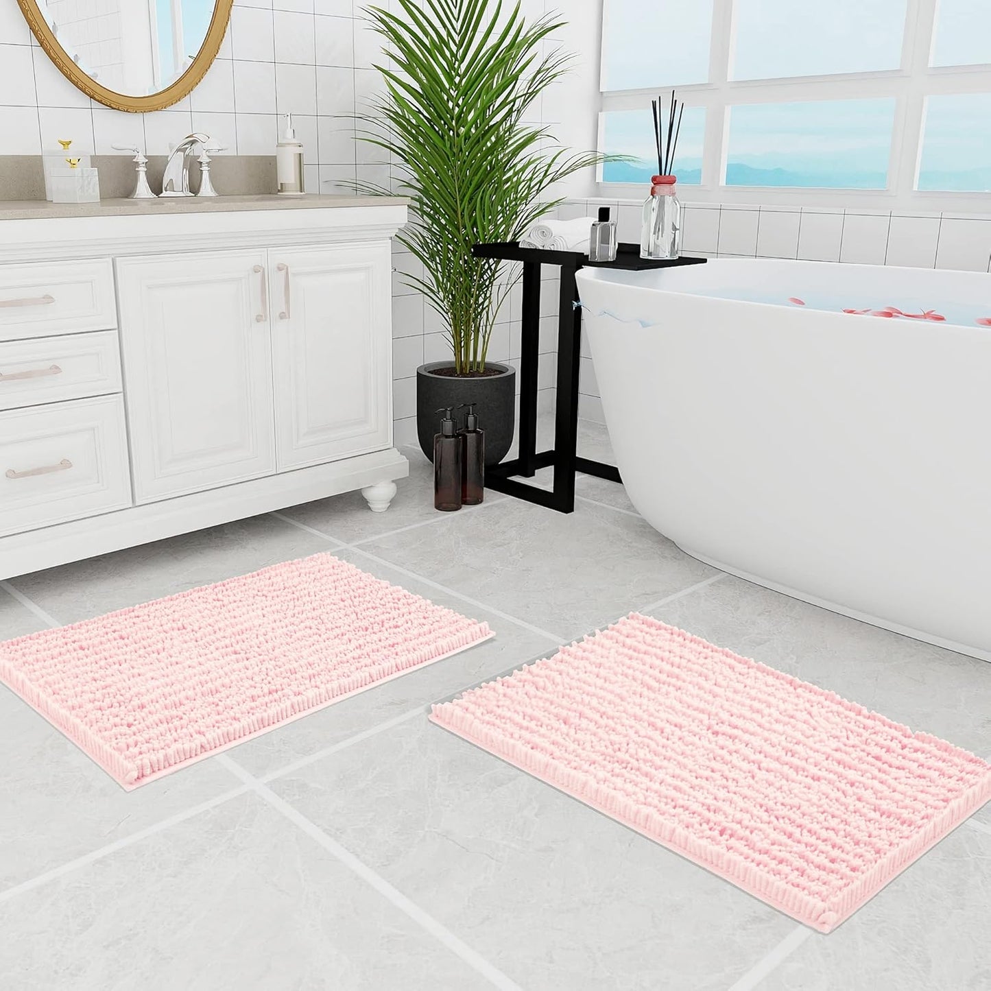 Walensee Bathroom Rug Non Slip Bath Mat (24x17 Inch Blush) Water Absorbent Super Soft Shaggy Chenille Machine Washable Dry Extra Thick Perfect Absorbant Best Small Plush Carpet for Shower Floor