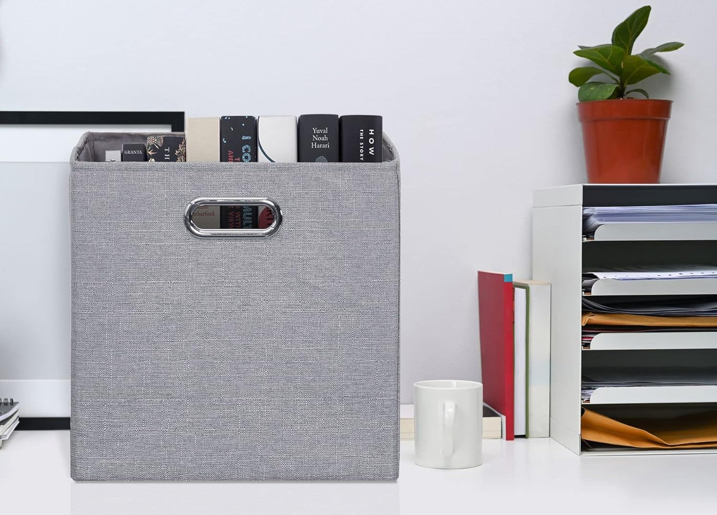 DECOMOMO Fabric Cube Storage Bin - Storage Baskets for Shelves, Kallax (Grey & White, 13 inch Cube) - 4 Pack