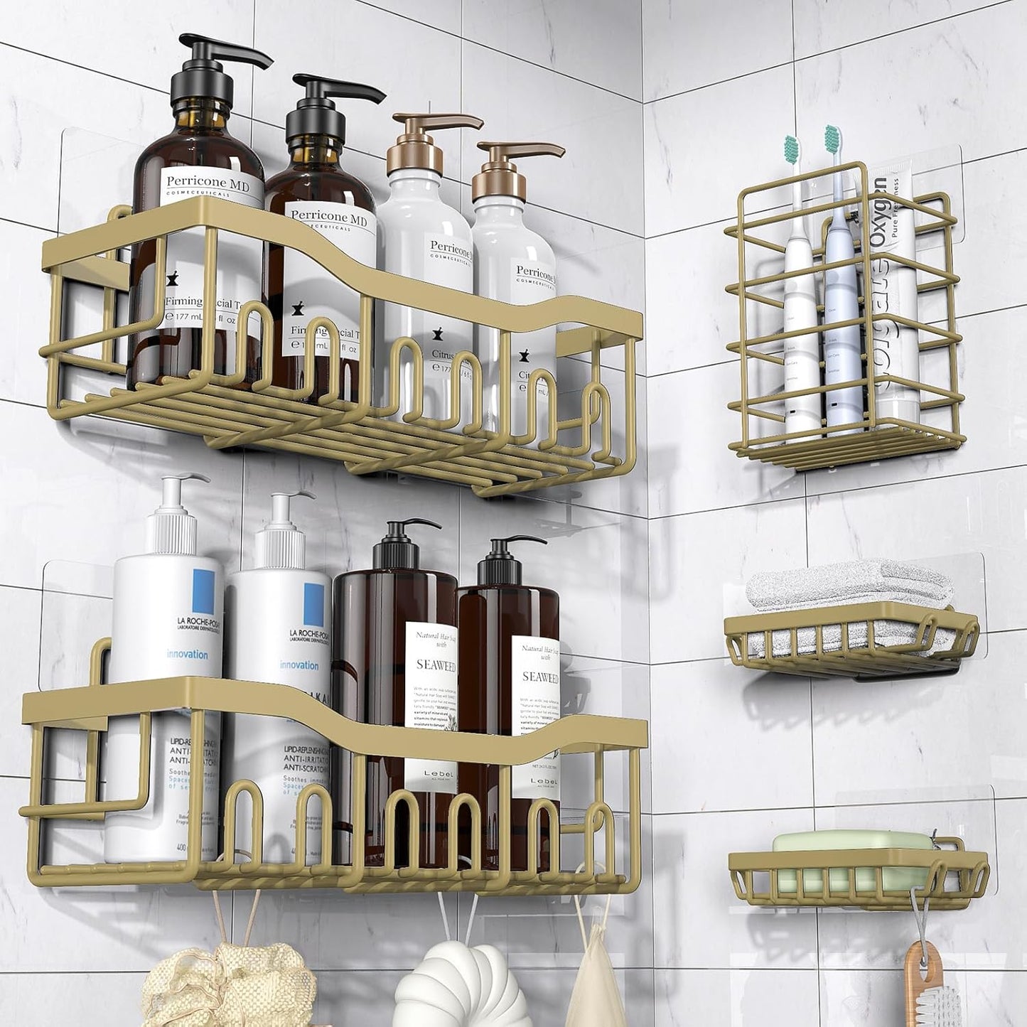 EUDELE 5-Pack Rustproof Stainless Steel Shower Caddy – No Drill Adhesive Bathroom Organizer with Large Capacity, Spacious Shower Shelves for Inside Shower, Kitchen & Home Decor Storage