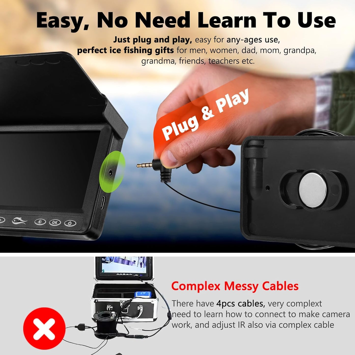 FishPRO Underwater Fishing Camera - MOQCQGR 4.3'' (NO Need Learn) Ice Fishing Camera Underwater, 3-Grade IR Lighting, 4X Zoom, 1000TVL Ice Fishing Fish Finder for Boat Lake Kayak Ice Fishing