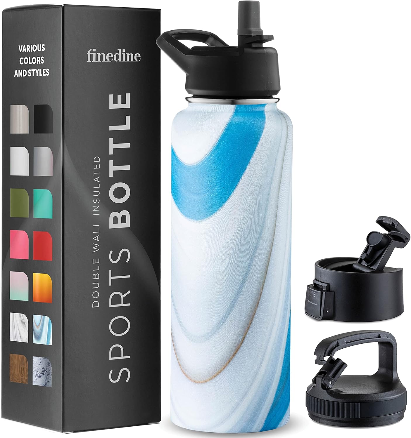 FineDine Water Bottle - Stainless Steel Insulated Water Bottle with Straw Lid, Flip Lid & Wide-Mouth Cap - Keeps Hot and Cold - 25 Oz / 739ml - Pure Pearly White