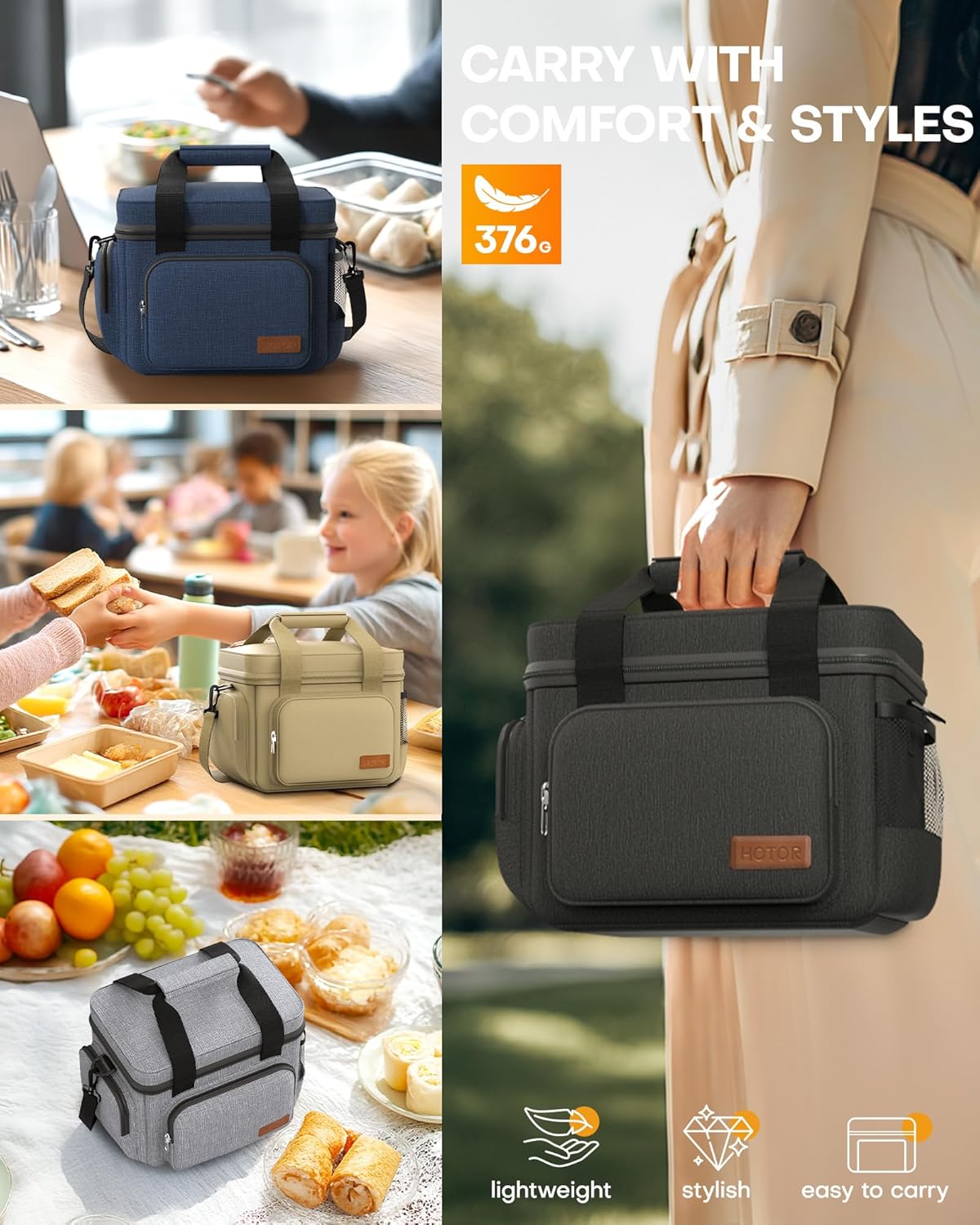 HOTOR Lunch Box for Men and Women - Leak-Proof Insulated Lunch Bag with Adjustable Shoulder Strap, Cooler Lunch Bag for Office, Picnic, Hiking, Beach, 1 Layer, Black, 11.0" x 7.1" x 8.3"