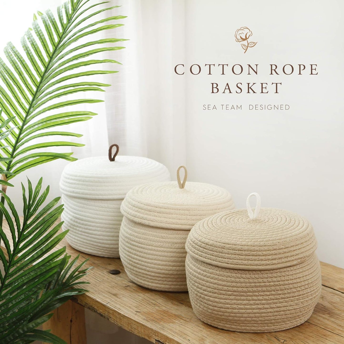 Sea Team Round Cotton Rope Storage Basket with Lid, Decorative Woven Storage Bin, Pot, Caddy, Organizer, Container for Snacks, Towels, Plants (Grey, Small)