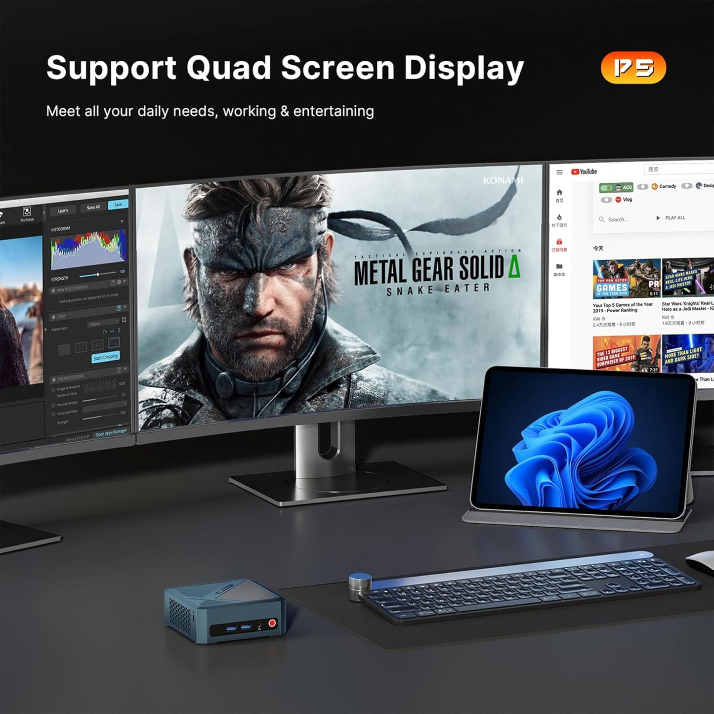 BOSGAME P4 Gaming Mini PC Ryzen 7 5700U 32GB RAM 1TB NVMe M.2 2280 SSD, 11-Pro OS Mini Computers, Micro PC 4K 60Hz Triple Display, HDMI+DP+Type-C, WiFi 6E, BT5.2, PD3.0, Dual 2.5GbE LAN