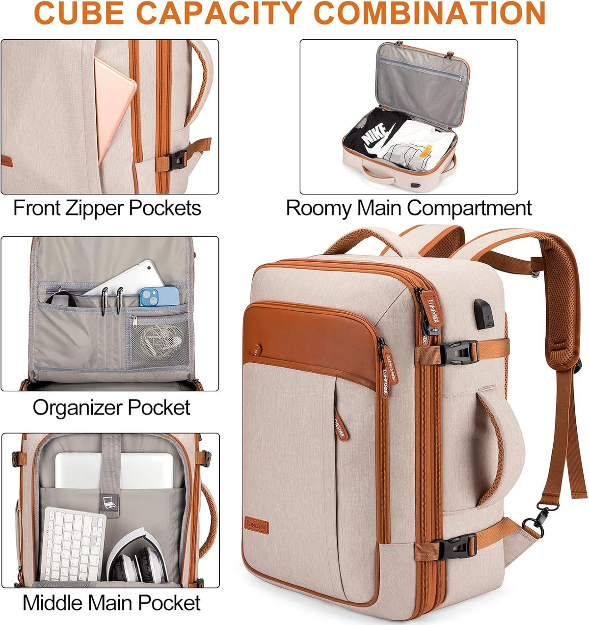 Lumesner Carry on Backpack, Extra Large 40L Flight Approved Travel Backpack for Men & Women - PuriLite