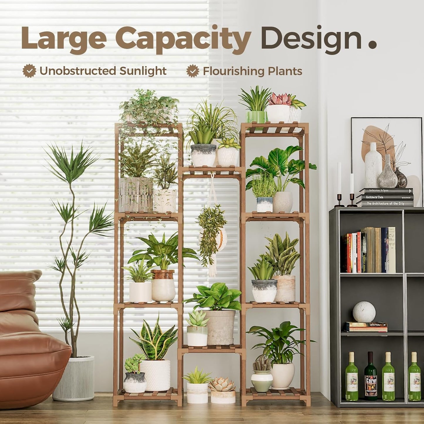 Bamworld Plant Stand Indoor Outdoor Hanging Plant Shelf for Multiple Plants Pots Wood Flower Stand Tall Large Flower Holder for Living Room, Patio, Balcony, Garden Decor, Brown