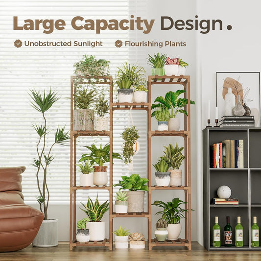Bamworld Plant Stand Indoor Outdoor Hanging Plant Shelf for Multiple Plants Pots Wood Flower Stand Tall Large Flower Holder for Living Room, Patio, Balcony, Garden Decor, Brown - PuriLite