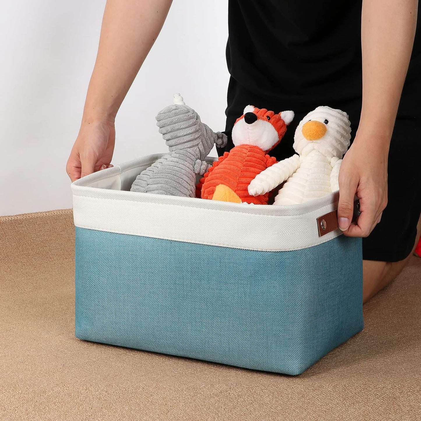 DULLEMELO Storage Baskets for Shelves, Fabric Collapsible Rectangular Storage Bins for Shelves, Closets, Nursery, Home, Office, Empty Gift Baskets (White&Teal)
