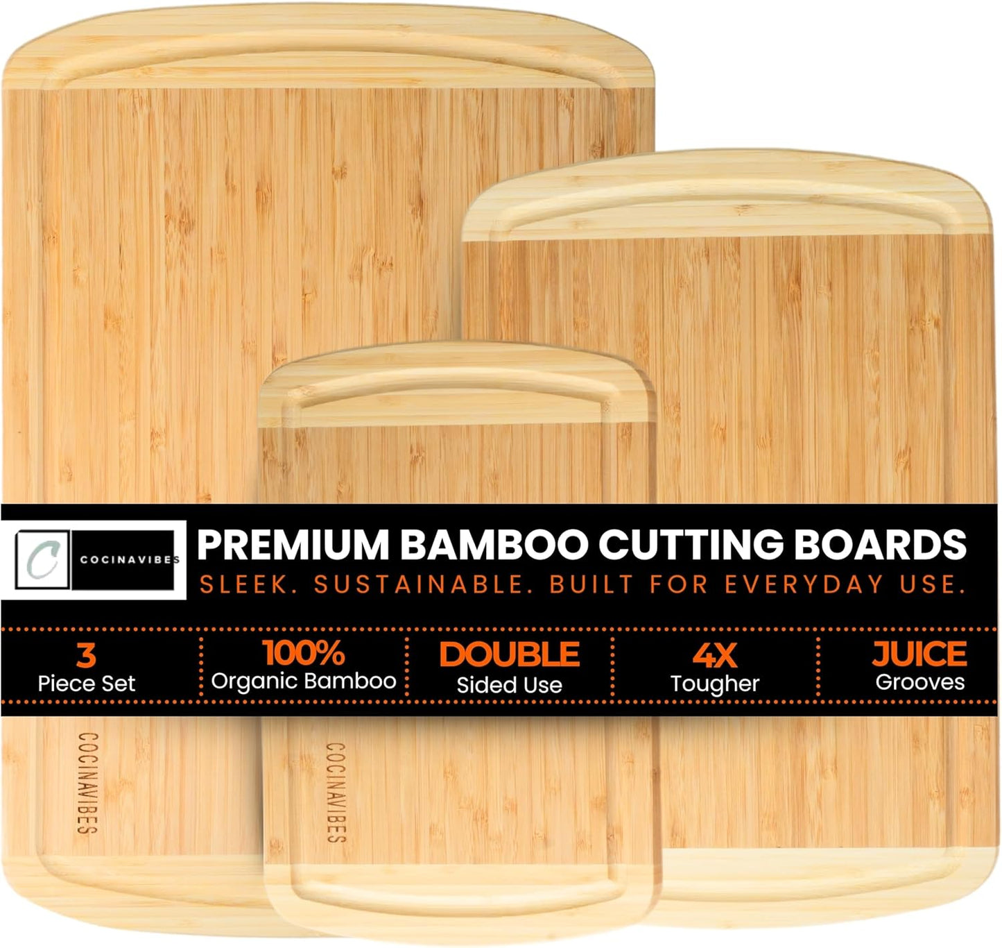 Bamboo Cutting Board Set – Non-Toxic Charcuterie & Chopping Boards for Kitchen, Large & Small Sizes, Safe Cutting Boards for Meat, Cheese, Pizza – Home & Kitchen Gift Idea