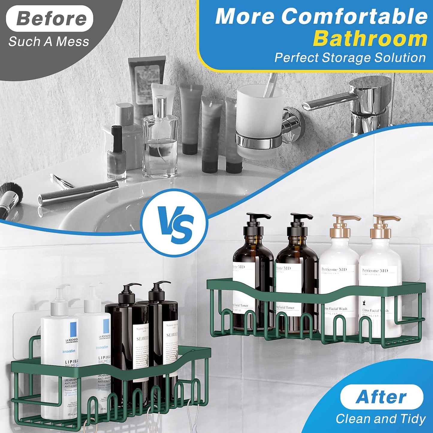 EUDELE 5-Pack Rustproof Stainless Steel Shower Caddy – No Drill Adhesive Bathroom Organizer with Large Capacity, Spacious Shower Shelves for Inside Shower, Kitchen & Home Decor Storage - PuriLite