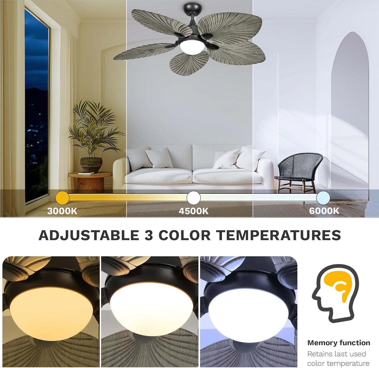 DWVO 52" Ceiling Fans with Lights, Tropical Ceiling Fan with Lights and remote, LED Tri-Color Temperature, Reversible 6 Speeds w/Quiet DC Motor for Living Room, Dining Room, Bedroom