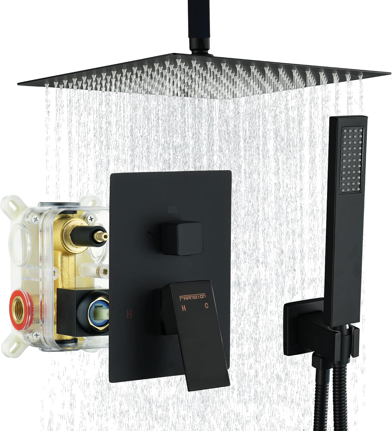 Fransiton Shower System Rain Shower System Set Ceiling Mounted, Rainfall Shower Head with Handheld, Bathroom Shower Kit (Valve Included) (8" - Wall Mount, Matte Black)