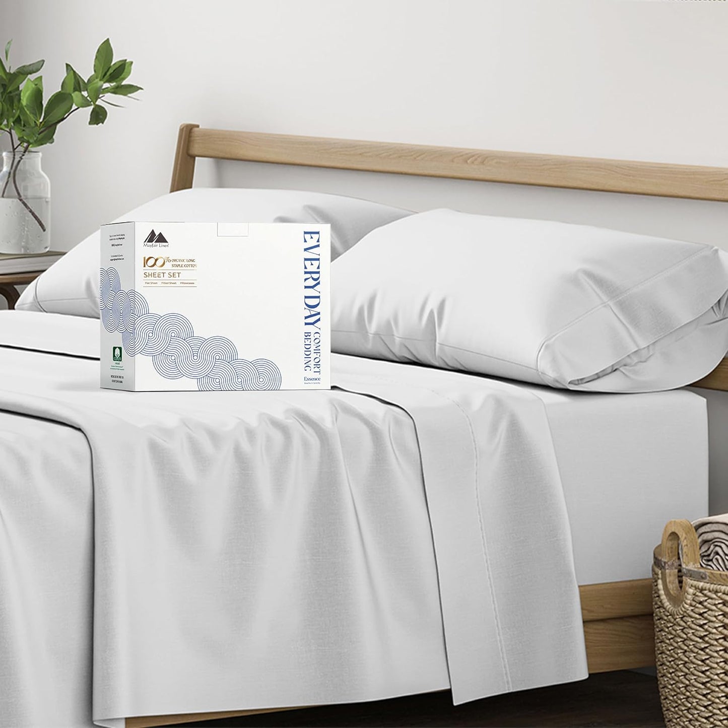 Mayfair Linen 100% Organic Cotton Percale Sheets Full Size - White Cotton Percale Sheets Full, 4 Piece Full Percale Sheet Sets, Soft & Crisp, Cooling Sheets, 16" Deep Pocket Hotel Sheets Full Size