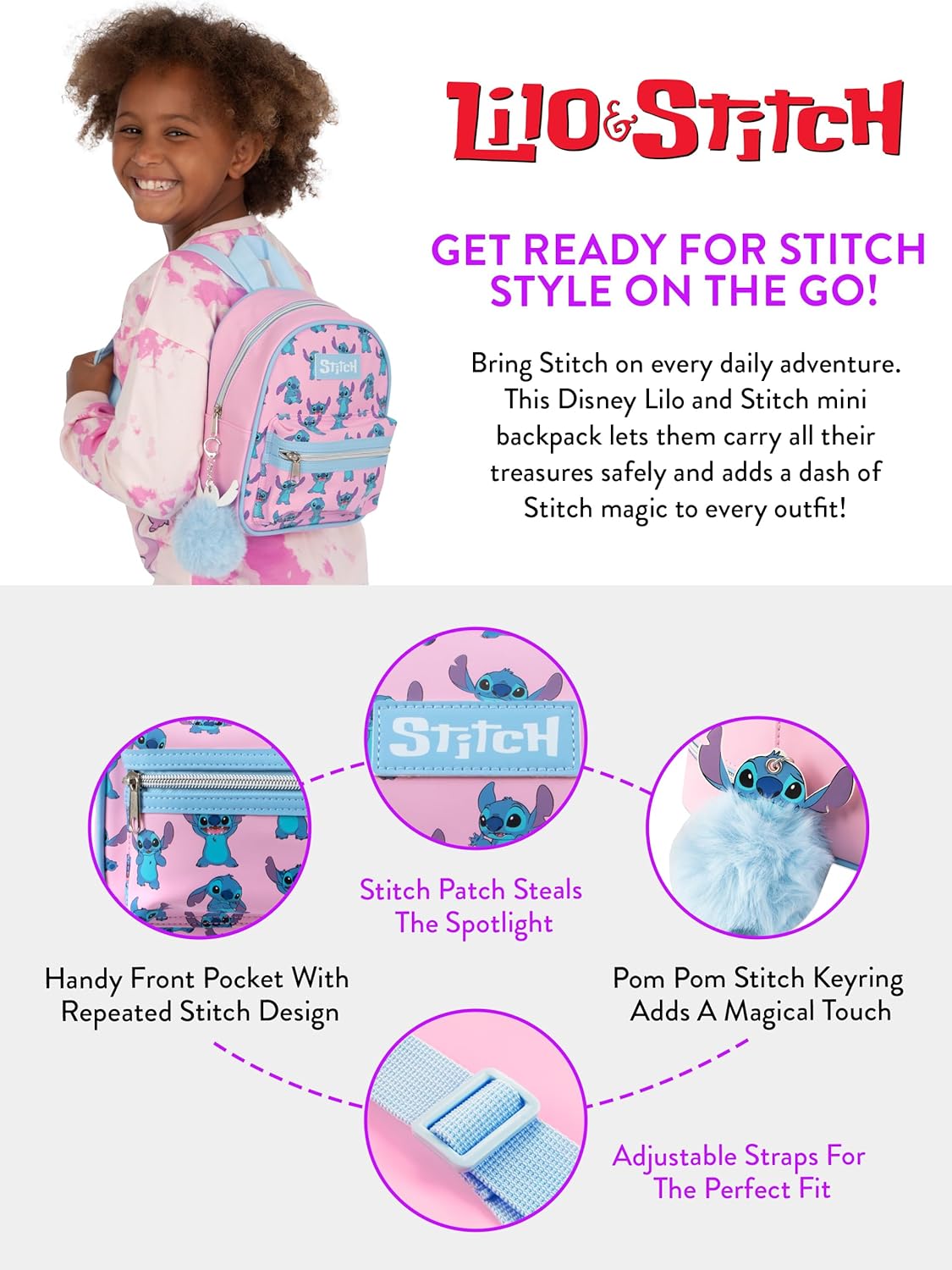 Disney Mini Backpack With Stitch Keychain | Girls Lilo And Stitch Bag | Mini Backpack For Girls | One Size Pink