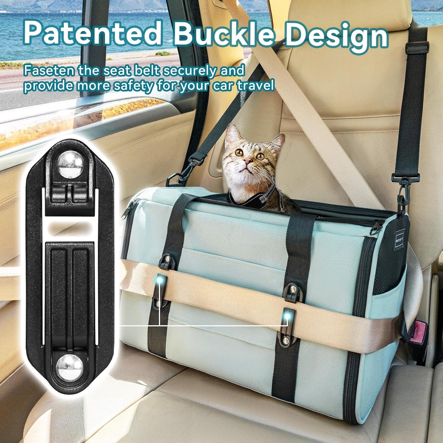 Petsfit Pet Carrier Airline Approved, Soft-Sided Cat Carrier with Patented Car Buckle, Lightweight and Collapsible with Adjustable Shoulder Strap, Soft Cushion,Green