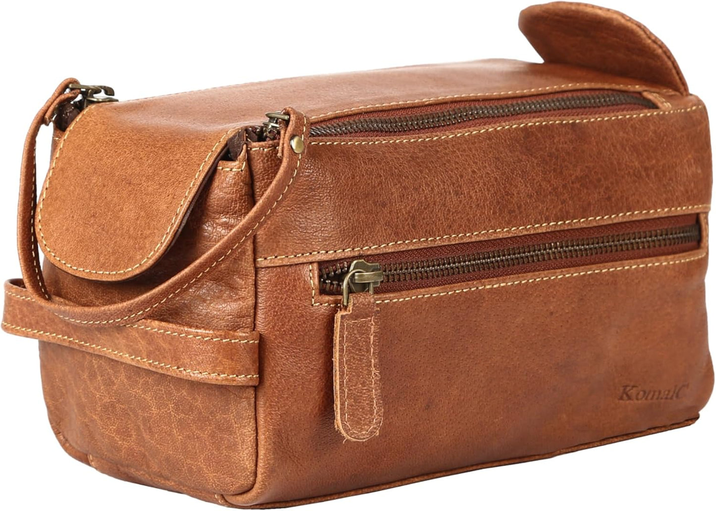 Premium Buffalo Leather Unisex Toiletry Bag Travel Dopp Kit Shaving kit (Distressed Tan)