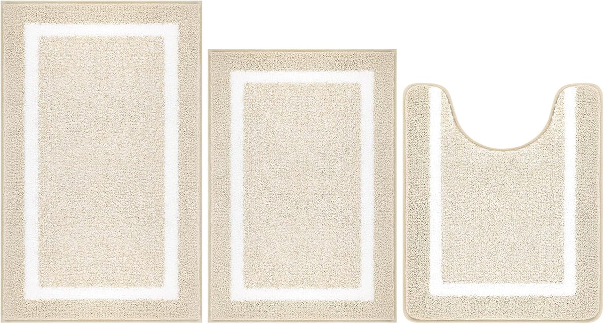 Pauwer 3 Piece Bathroom Rug Set, Non Slip Washable Bath Mat, Light Beige Soft Plush Microfiber, Super Absorbent Floor Carpet, U Shaped Toilet Mats, Quick Dry, Shaggy Shower Rugs Runners