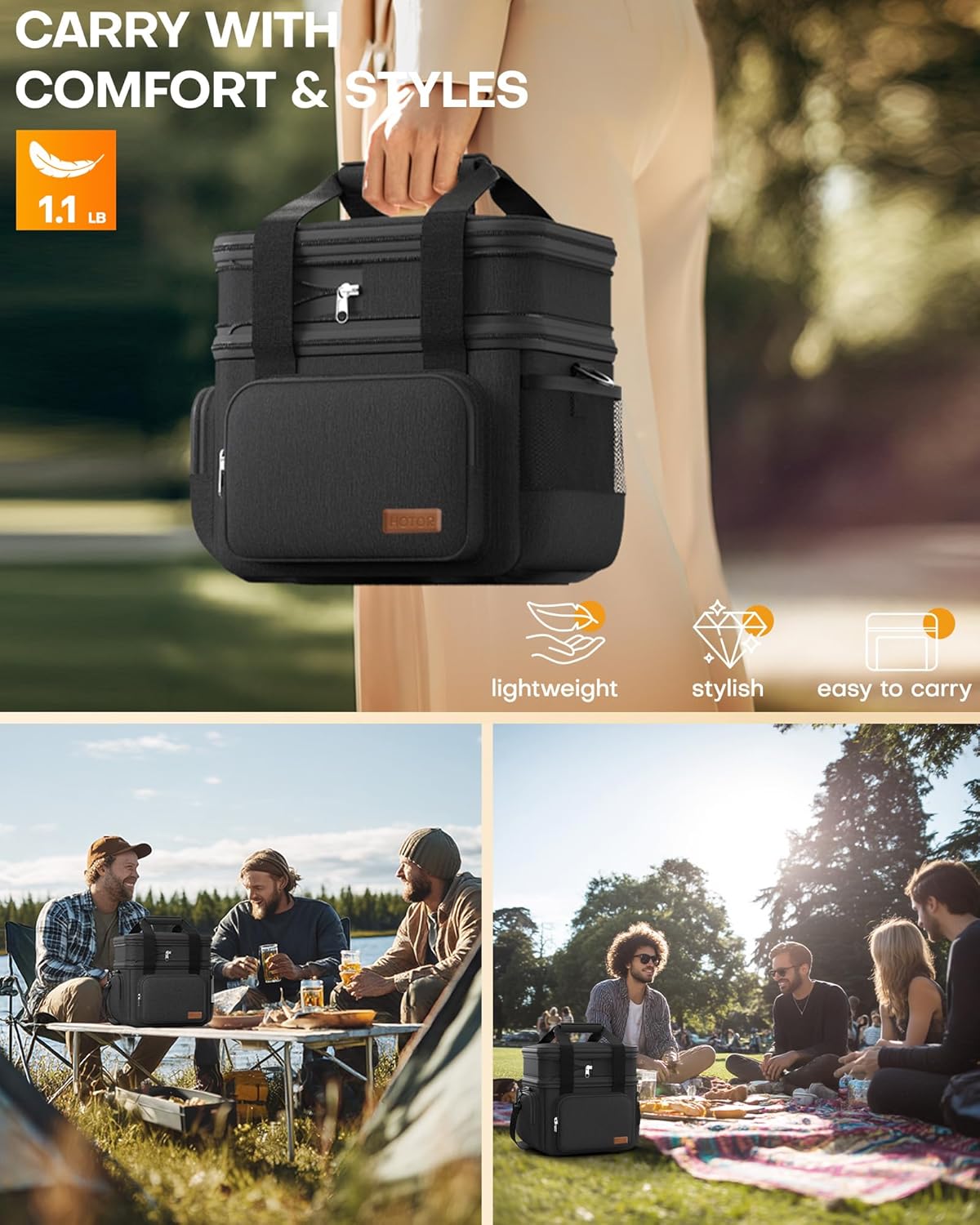 HOTOR Lunch Box for Men and Women - Leak-Proof Insulated Lunch Bag with Adjustable Shoulder Strap, Cooler Lunch Bag for Office, Picnic, Hiking, Beach, 1 Layer, Black, 11.0" x 7.1" x 8.3"