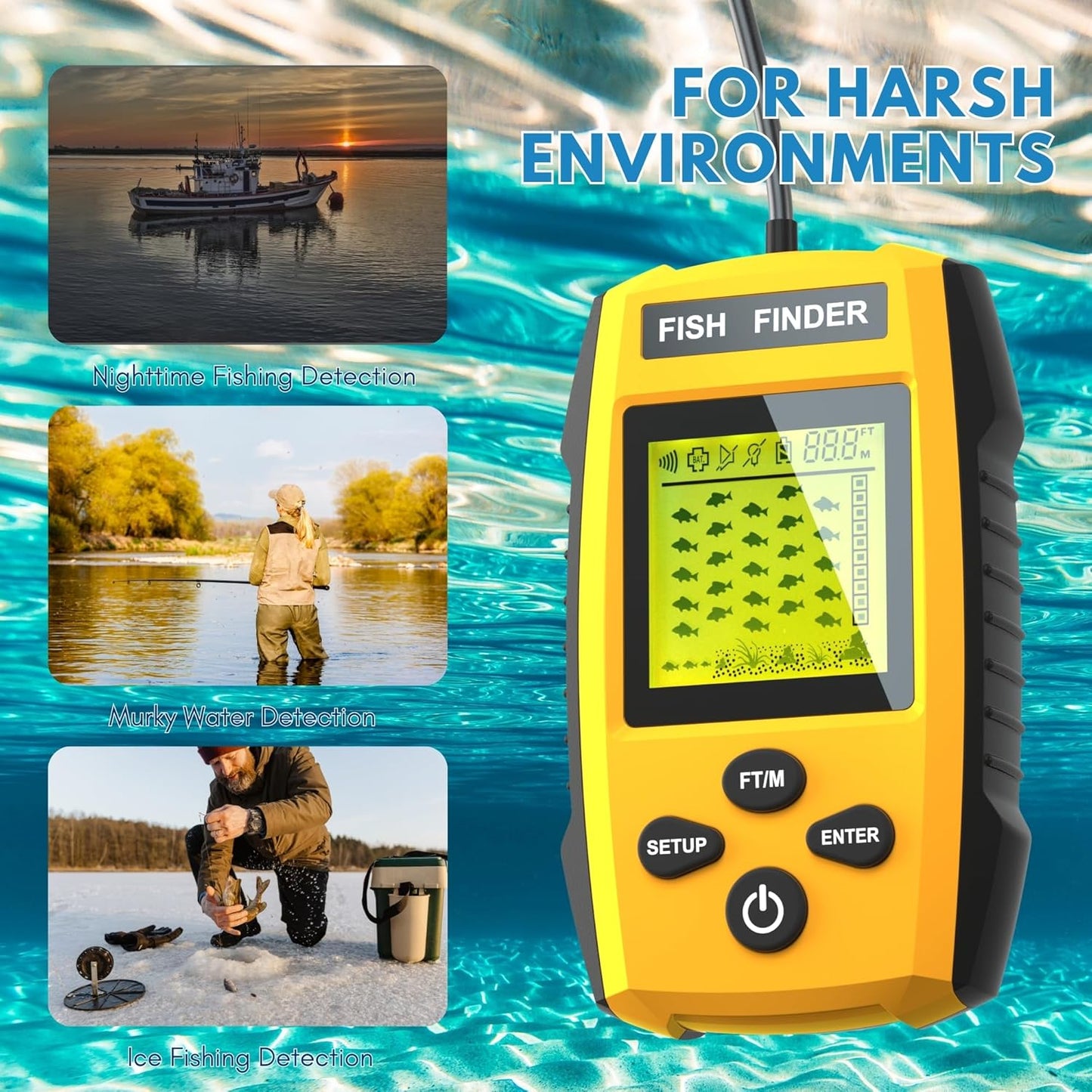 Portable Sonar Alarm Fish Finder with Sonar Transducer and LCD Display, for Kayak Fishing Boat Fishing Ice Fishing